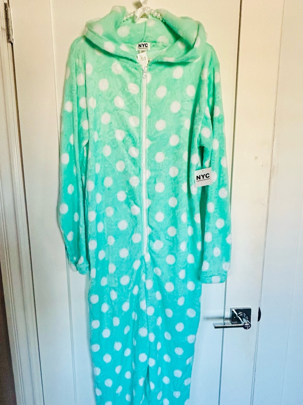 NWT Women's Mint Green and White Polka Dot Hooded onsie size Large